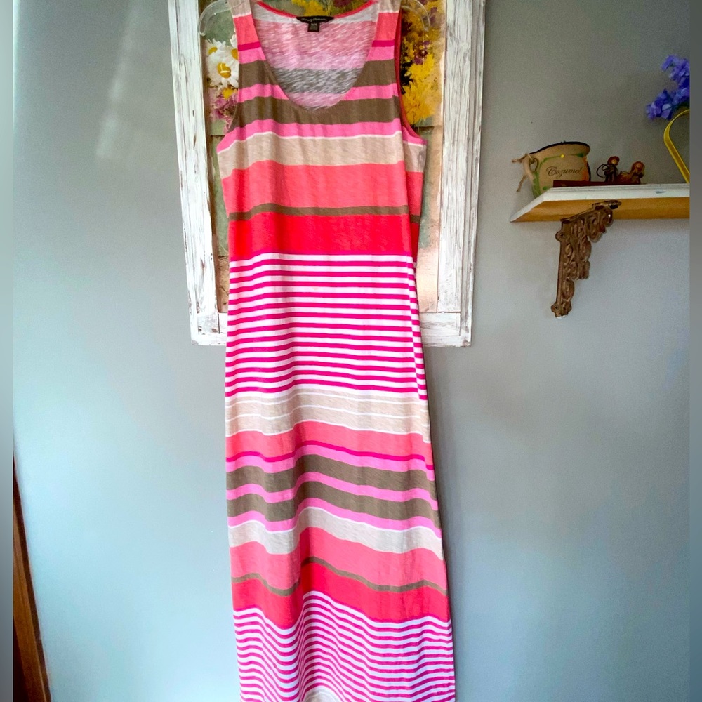 Tommy Bahama Pink, Coral & Tan Striped Sleeveless Maxi Dress